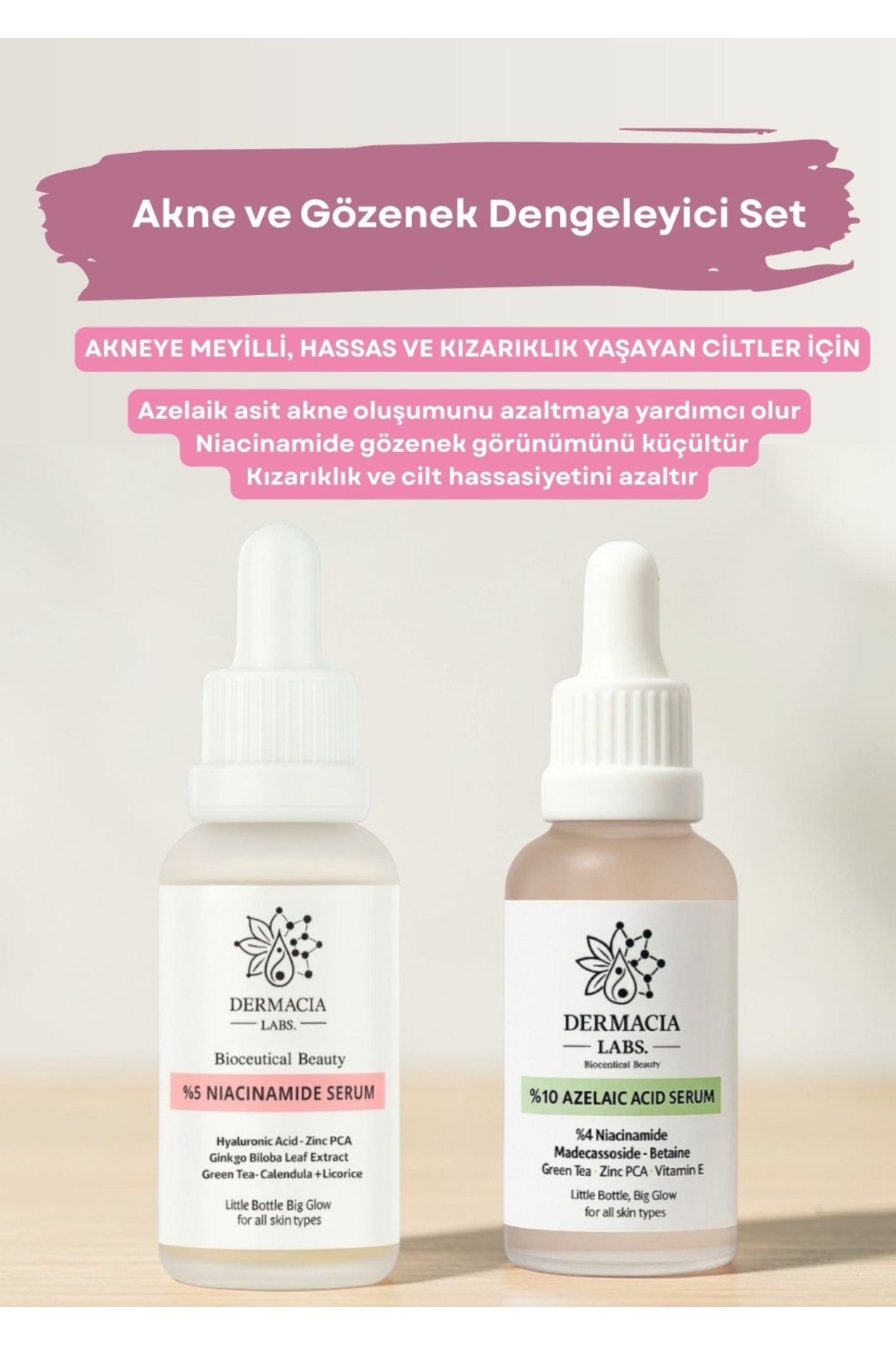 Dermacia Labs Bioceuticals Beauty Leke ve Gözenek Karşıtı 2'li Serum Seti, %10 Azelaik Asit, %5 Niacinamide, Vitamin E — DL-AKGNK2