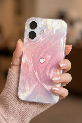 KVK PRİVACY iPhone 16 Uyumlu Pembe Tüylü Dalga Desenli Küçük Kalp Tasarımlı D...