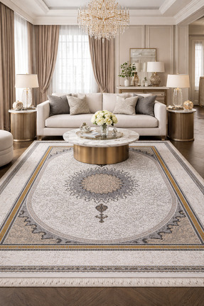 Okan Halıcılık Modern Klasik Gri Bej Gold Detaylı Salon Halısı Yumuşak Dokulu...