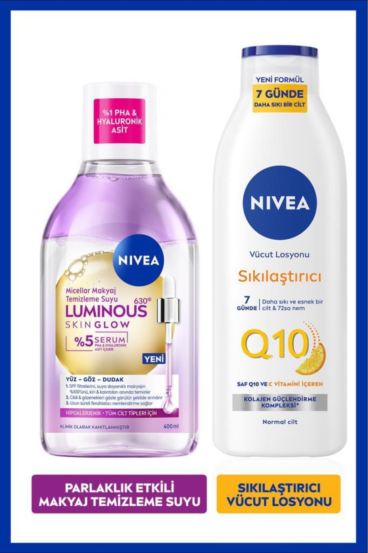 NIVEA Luminous630 Skin Glow Micellar Makyaj Temizleme Suyu 400ml ve Q10 Sıkılaştırıcı Vücut Losyonu 250ml — SET.NVE.1371