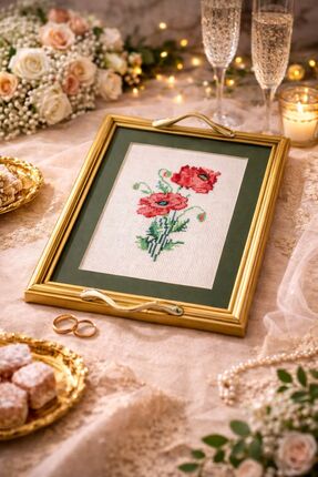 LZ STUDİO El Yapımı Gelincik Desenli Etamin Kanaviçe Söz & Nişan Tepsisi (25x...