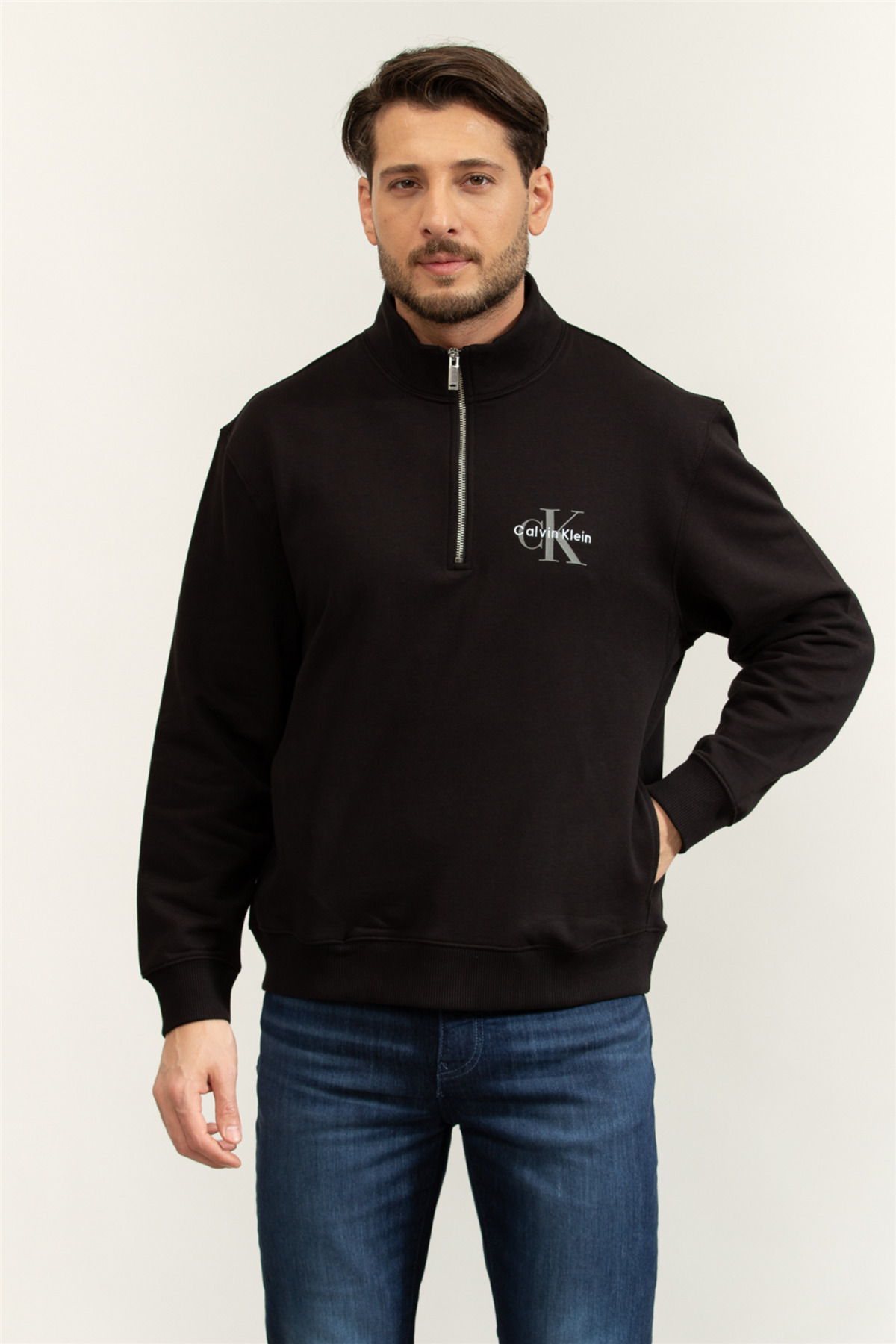 Calvin Klein Ls Eu 350Terry Micro Monologo Qt Men's Zipper Sweatshirt Black