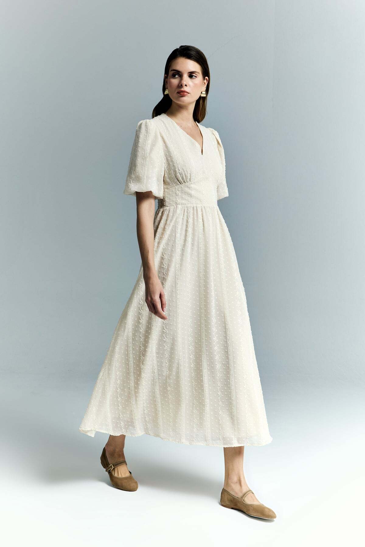 Sateen Puffy Sleeve Long Dress - Beige