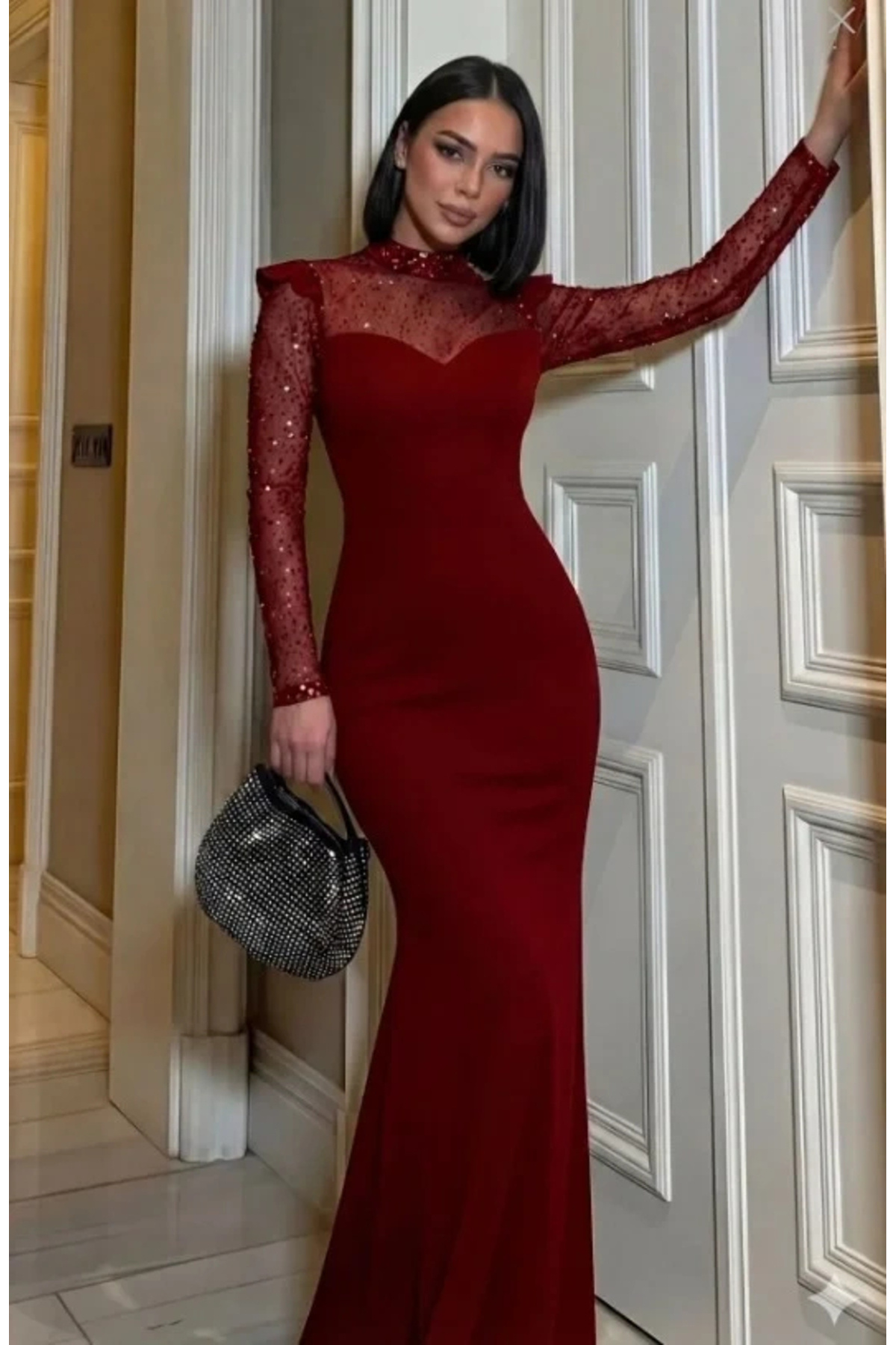 bysoca Women's Red Fish Tail Sequin-Embroidered Long Sleeve Semi Mock Neck Tulle Detail Long Evening Dress