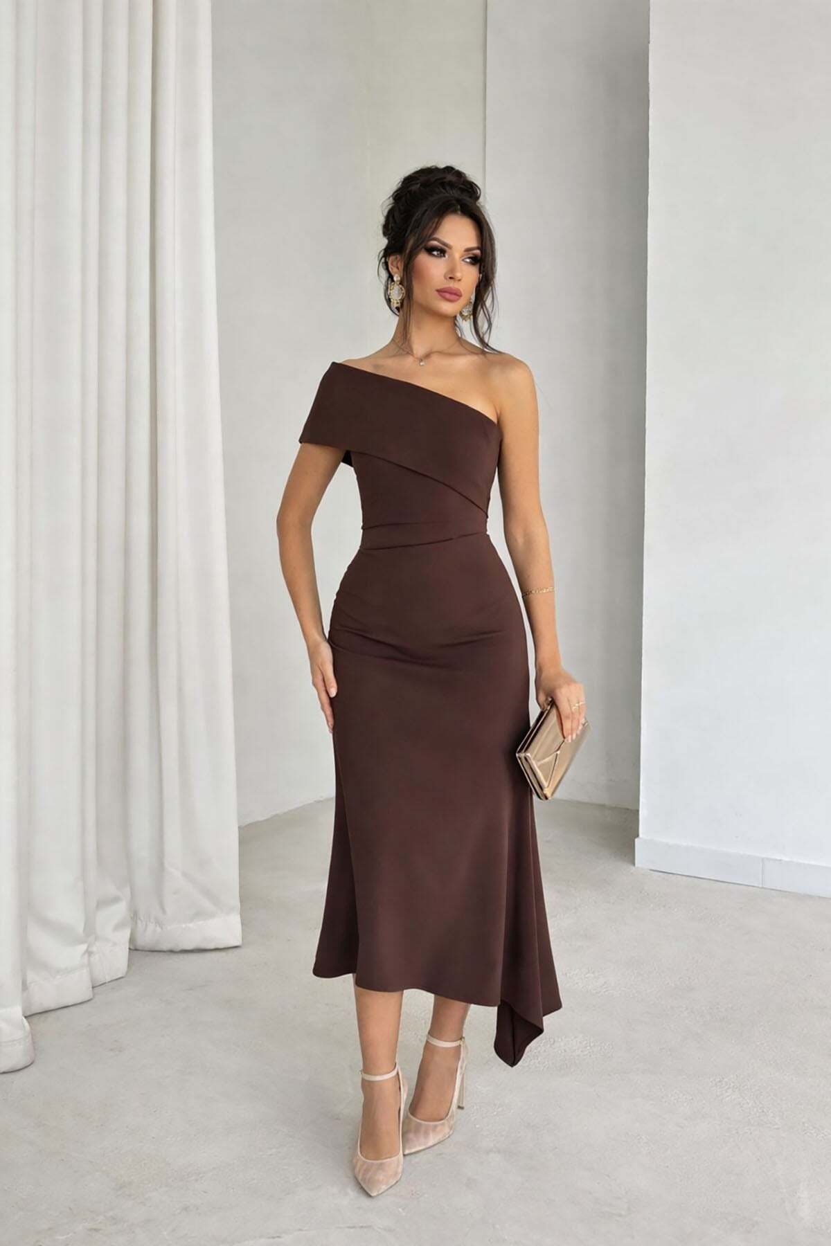 Brown Collar And Skirt Asymmetrical Detail Crepe Fabric Midi Size Dress