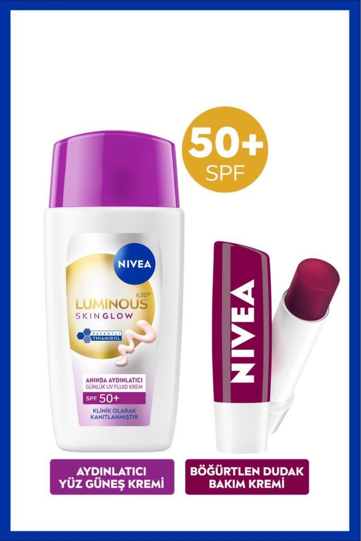 NIVEA SPF50+ Luminous630 Skin Glow Aydınlatıcı Yüz Güneş Kremi 40ml ve Böğürtlen Renkli Dudak Bakım Kremi — SET.NVE.1374
