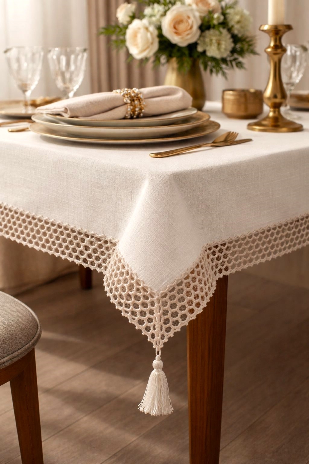 Stylish Tablecloth with Edge Lace Pattern & Cream Tablecloth Edge with Mesh Lace