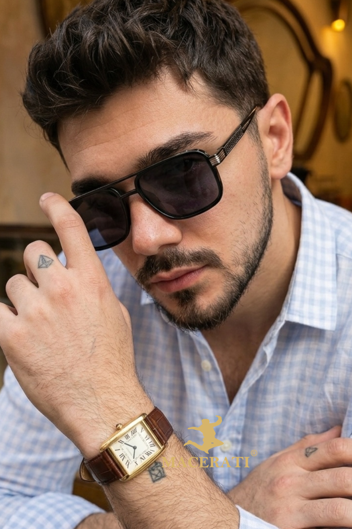 MACERATİ Vesa Unisex Kare Siyah Gümüş Aksesuarlı Ultra Hafif Uv400 Filtreli Siyah Güneş Gözlüğü görsel 3