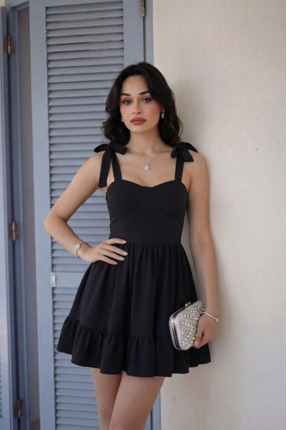 ALFUDO Moda Collection Kadın Straplez Yaka Bağlamalı Askı Tasarım Kloş Mini M...