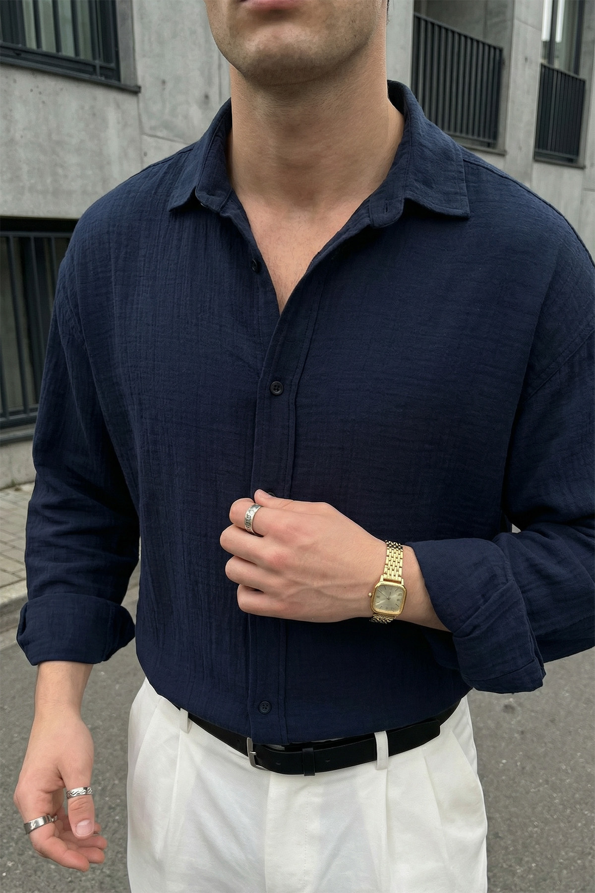 Livio Ferri  Yurin Erkek Premium Müslin %100 Pamuk Oversize Uzun Kollu Gömlek - Görsel 4