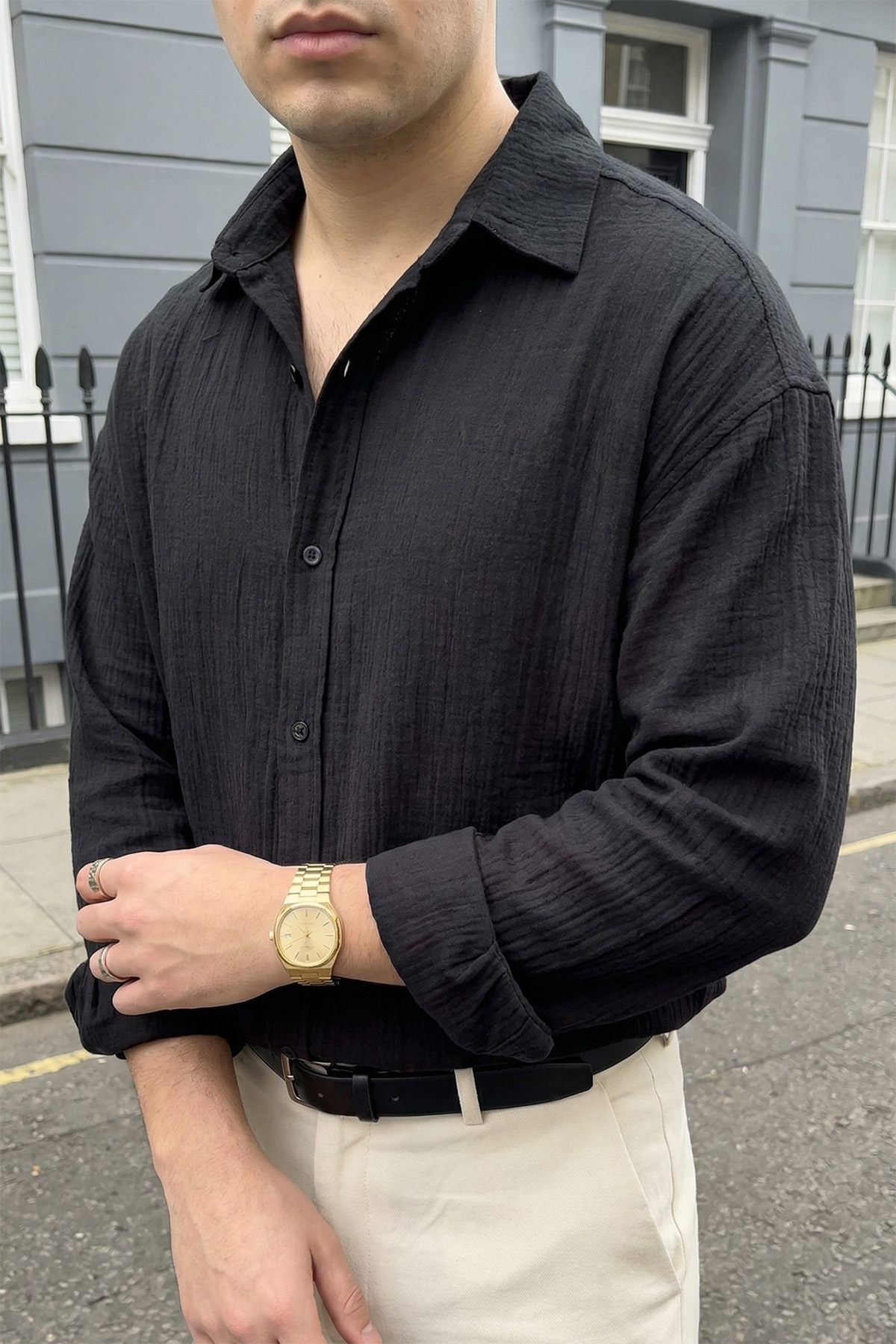 Livio Ferri  Yurin Erkek Premium Müslin %100 Pamuk Oversize Uzun Kollu Gömlek - Görsel 4