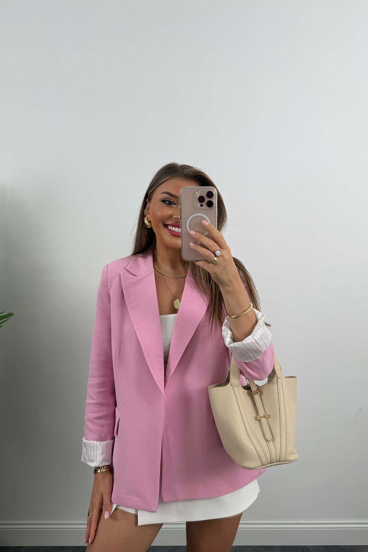 My Blog  Pembe Çizgili Astarlı Keten Blazer Ceket - 9158 - Görsel 6