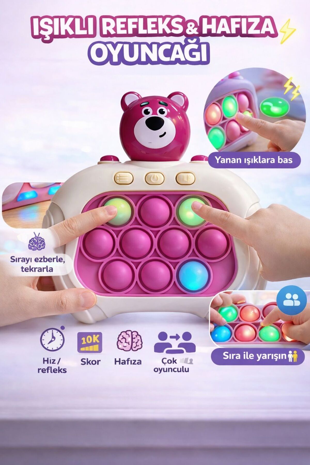 ZİVENTA Ayı Popit Işıklı Refleks/Hafıza 4 Modlu Speed Push Bubble Oyunu Çocuklar İçin Eğitici Zeka Oyunu fotoğrafı 3 (önizleme)