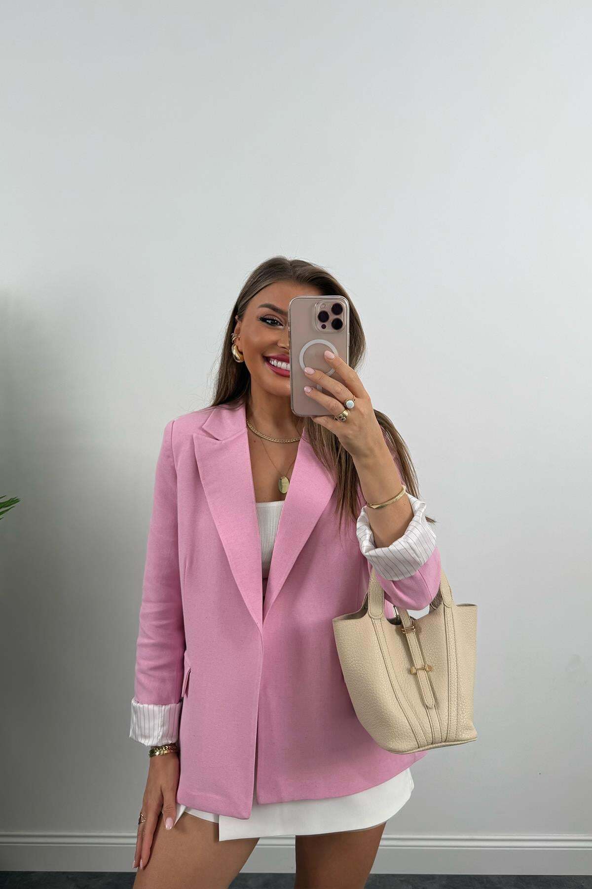 My Blog  Pembe Çizgili Astarlı Keten Blazer Ceket - 9158