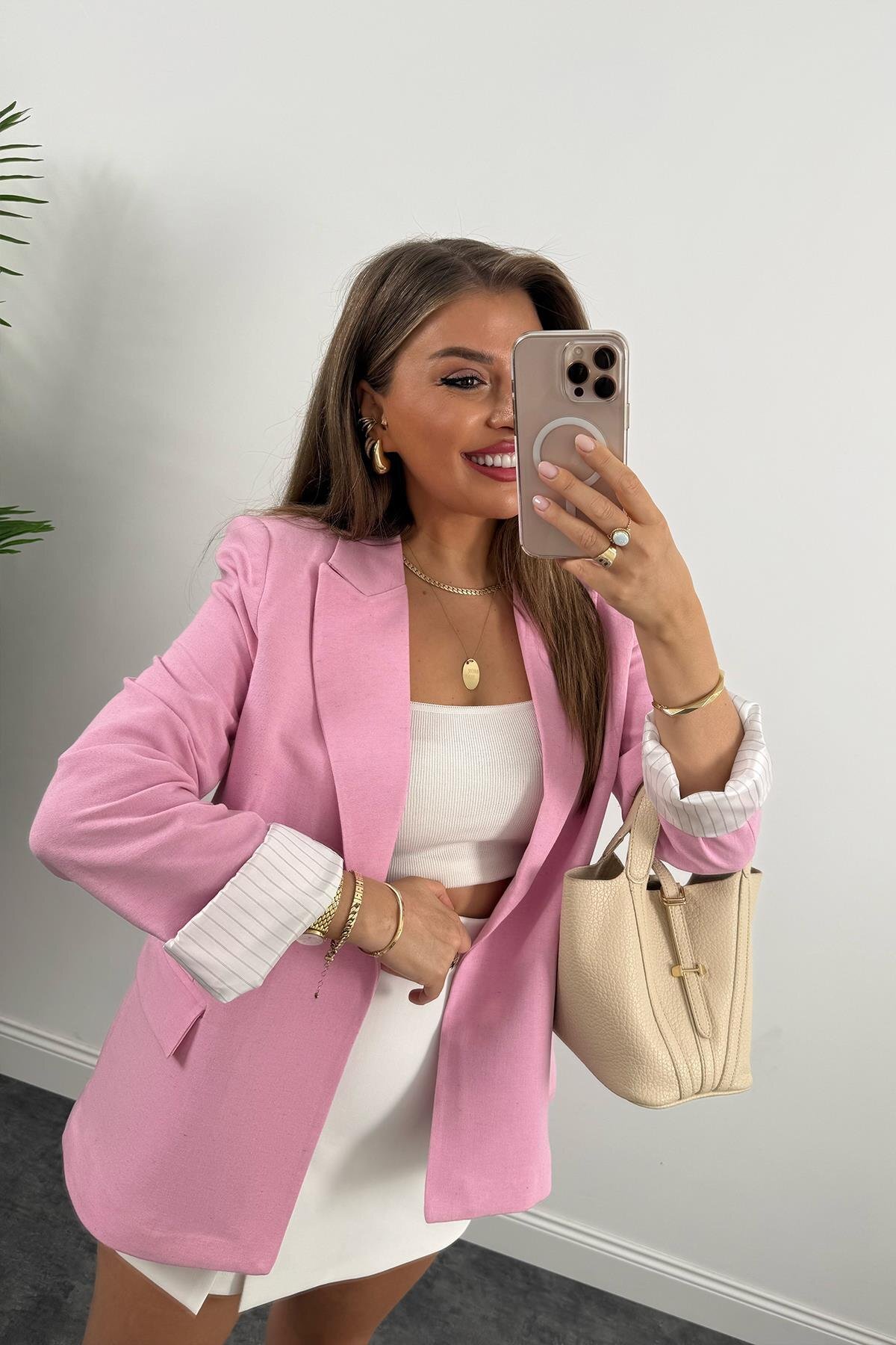 My Blog  Pembe Çizgili Astarlı Keten Blazer Ceket - 9158 - Görsel 3