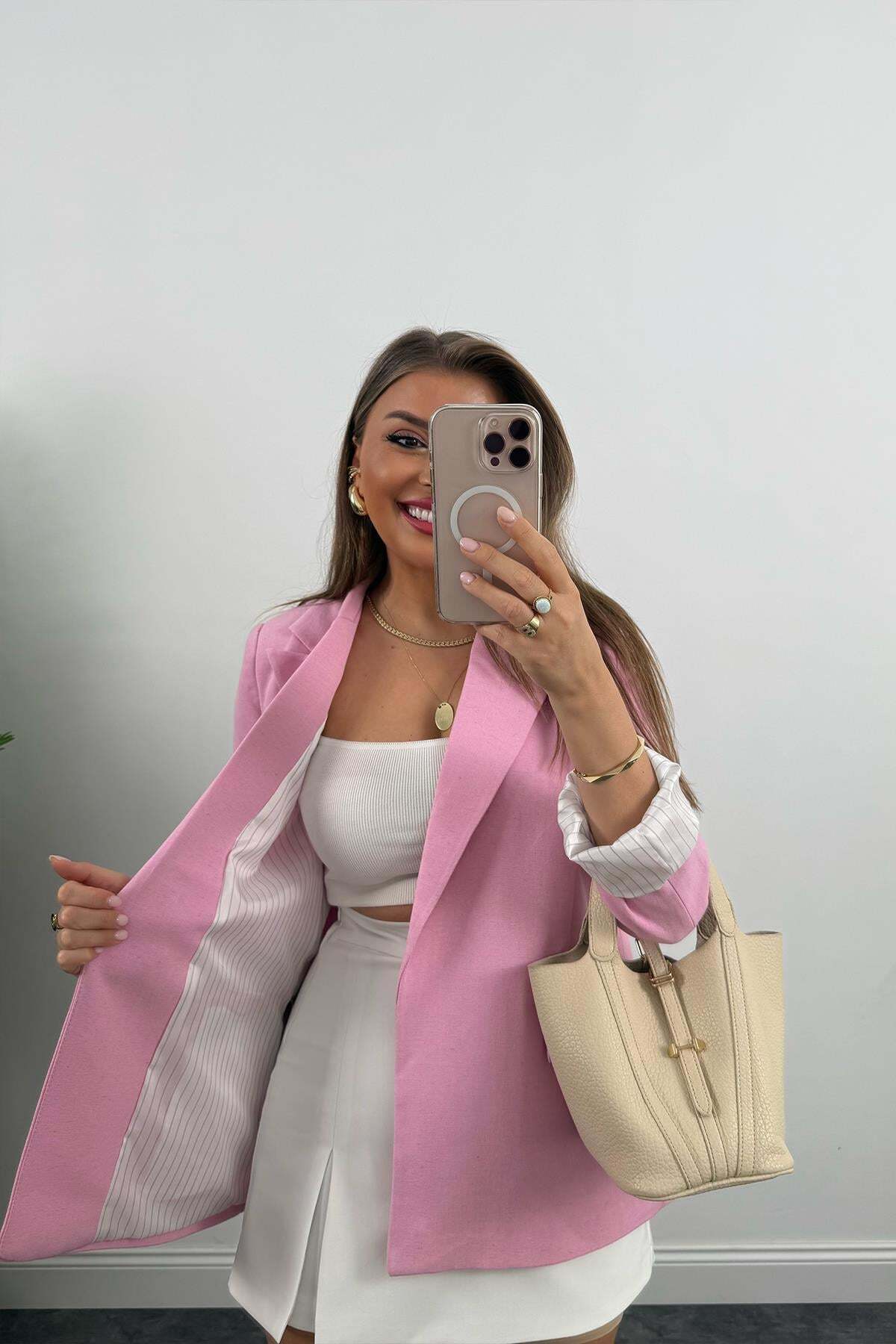 My Blog  Pembe Çizgili Astarlı Keten Blazer Ceket - 9158 - Görsel 4