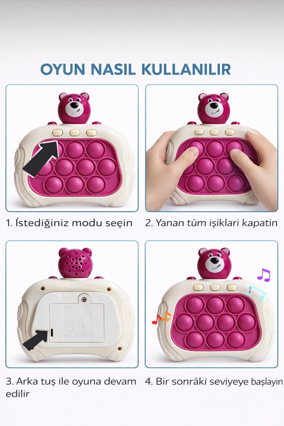 ZİVENTA Ayı Popit Işıklı Refleks/Hafıza 4 Modlu Speed Push Bubble Oyunu Çocuklar İçin Eğitici Zeka Oyunu fotoğrafı 4 (önizleme)