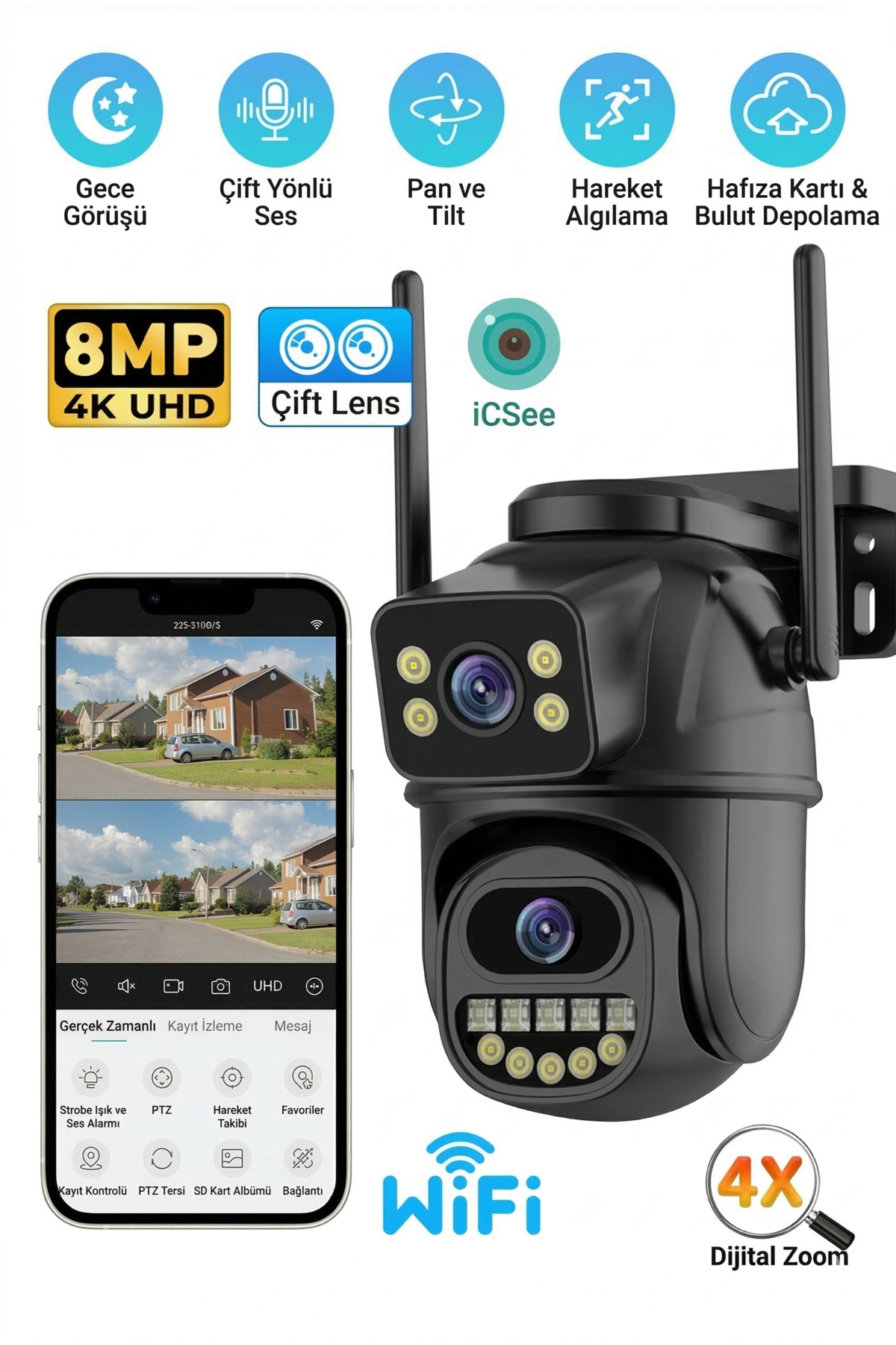 8MP 4K Ultra HD Çift Lensli Wi-Fi Güvenlik Kamerası - Çift Ekran İzleme, Akıllı Takip ve Gece Görüşü