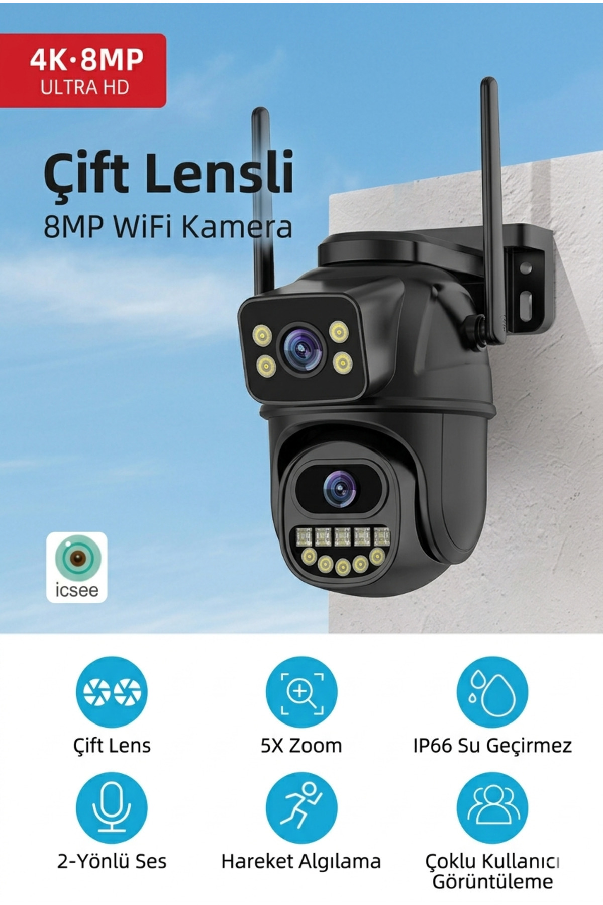 8MP 4K Ultra HD Çift Lensli Wi-Fi Güvenlik Kamerası - Çift Ekran İzleme, Akıllı Takip ve Gece Görüşü