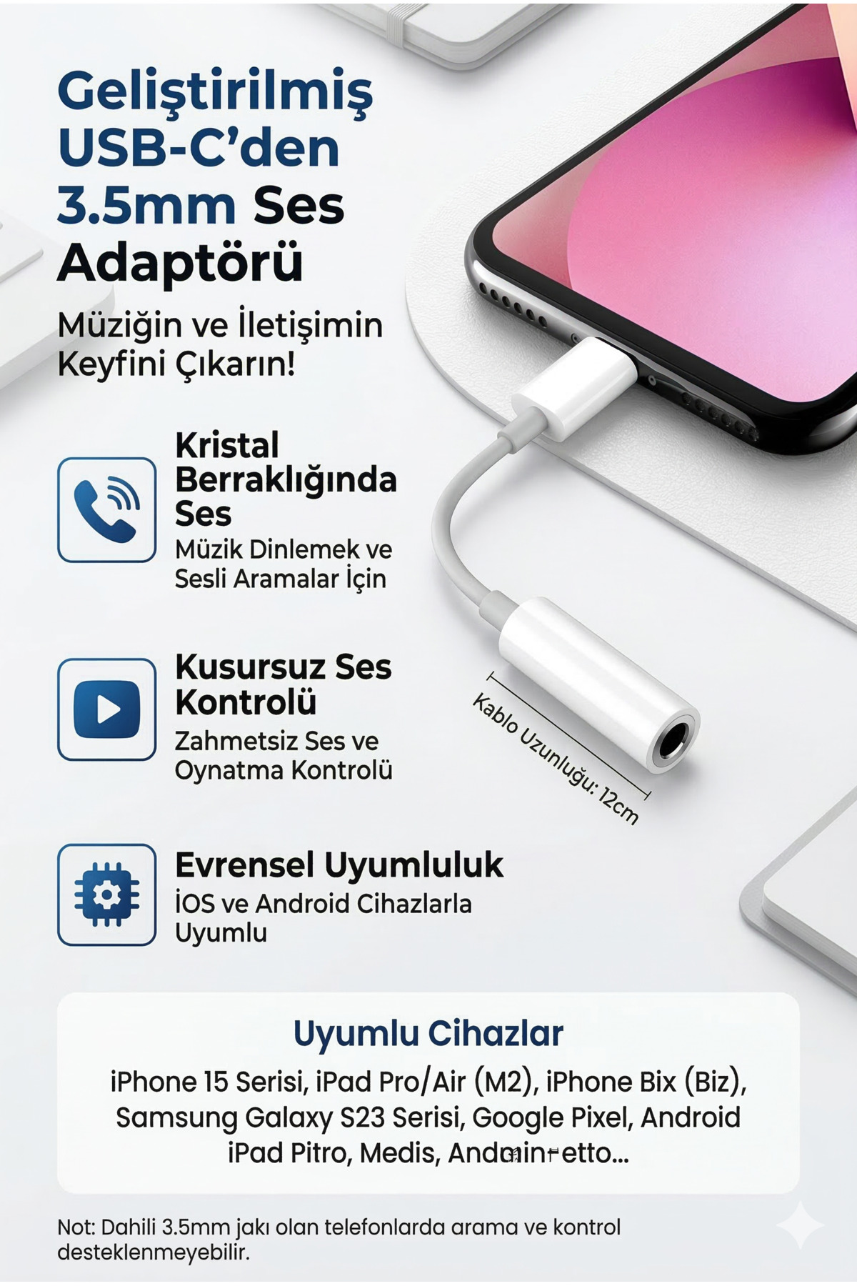 Dijital DAC Çipli Type-C to 3.5mm Aux Kulaklık Dönüştürücü Adaptör - iPhone 15/16 ve Samsung Uyumlu