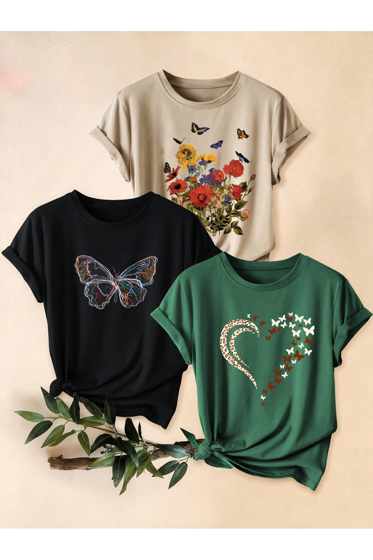 uyguntarz  Unisex Bej Siyah Yeşil 3'lü Tasarım Tshirt Seti