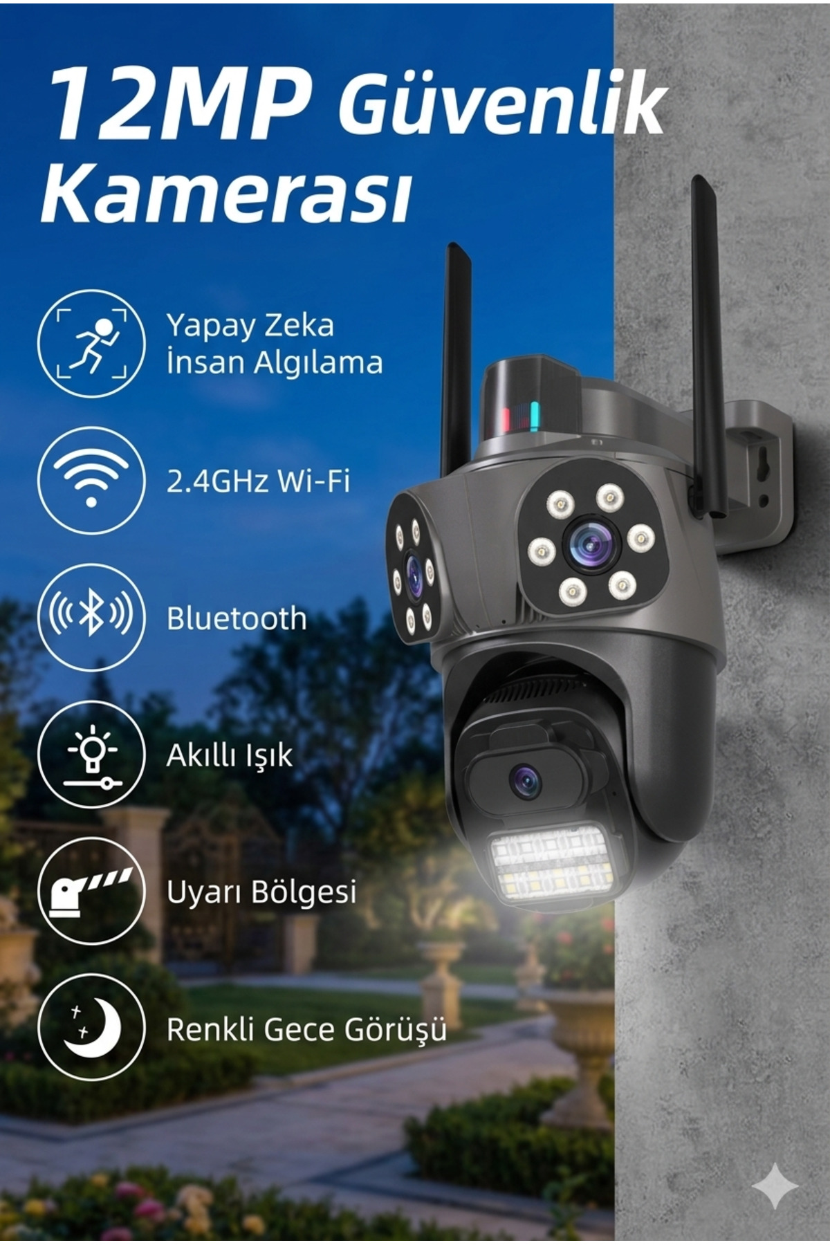 3 Lensli 9MP Ultra HD Wi-Fi Dış Mekan Güvenlik Kamerası - ICSee Uygulama Destekli, 4K Gece Görüşlü
