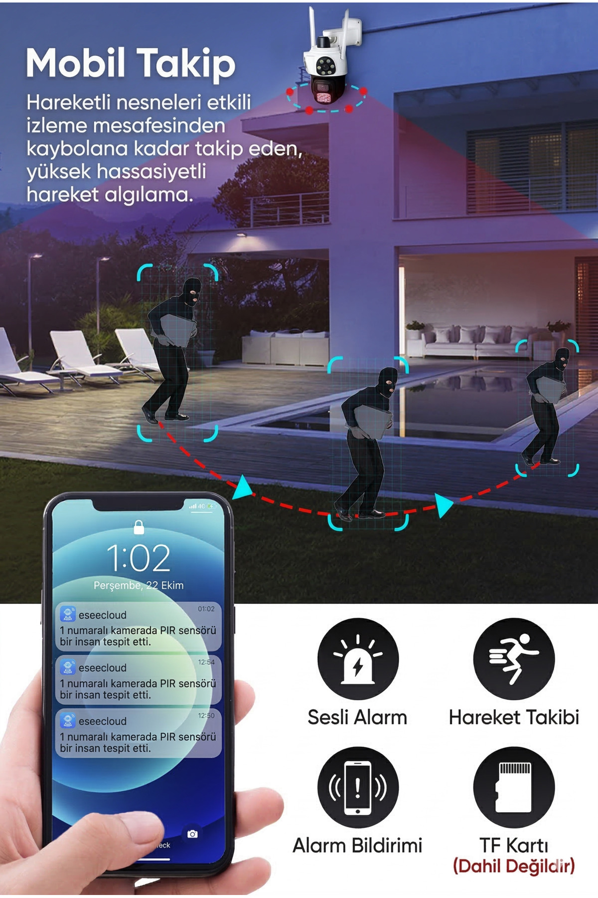3 Lensli 9MP Ultra HD Wi-Fi Dış Mekan Güvenlik Kamerası - ICSee Uygulama Destekli, 4K Gece Görüşlü