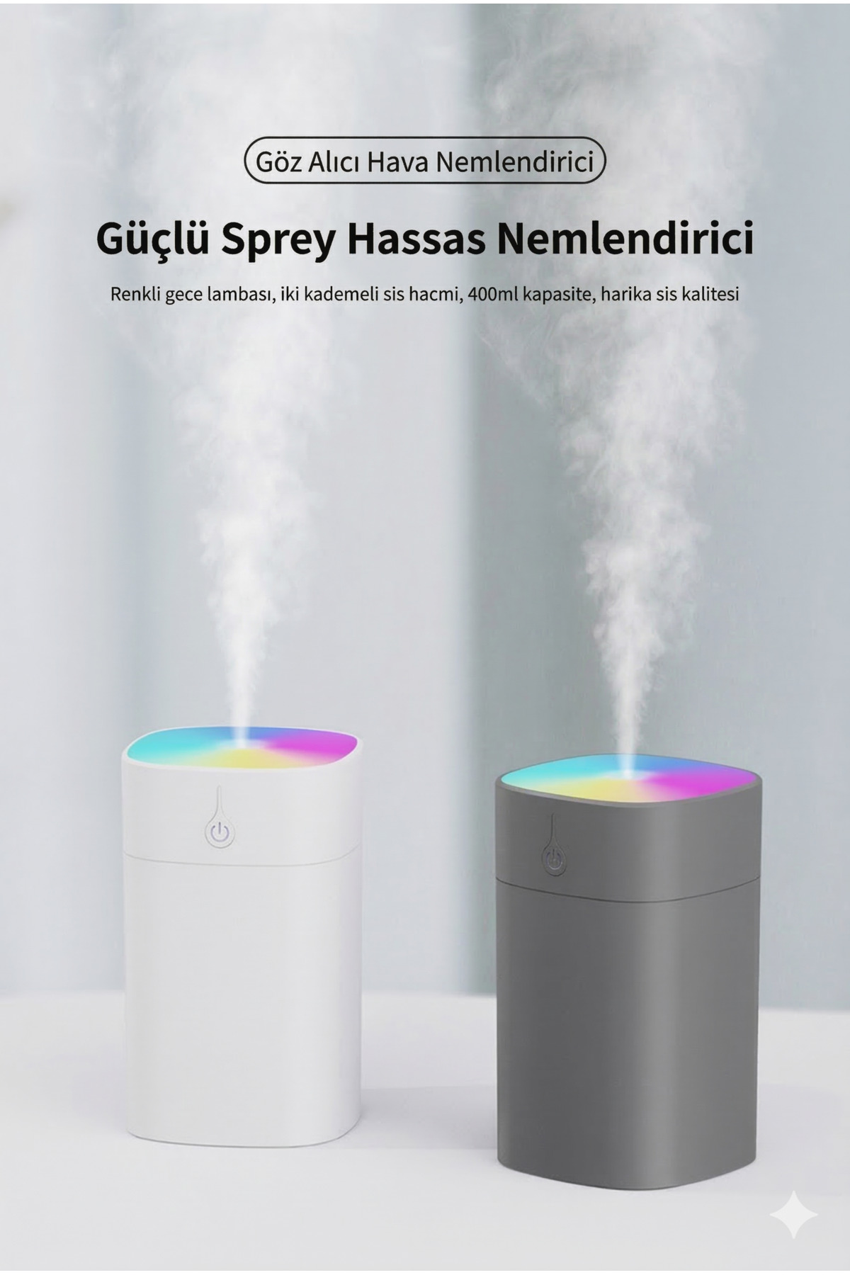 400ml Yüksek Kapasiteli Hava Nemlendirici - Masaüstü Buhar Makinesi ve Renkli LED Gece Lambası