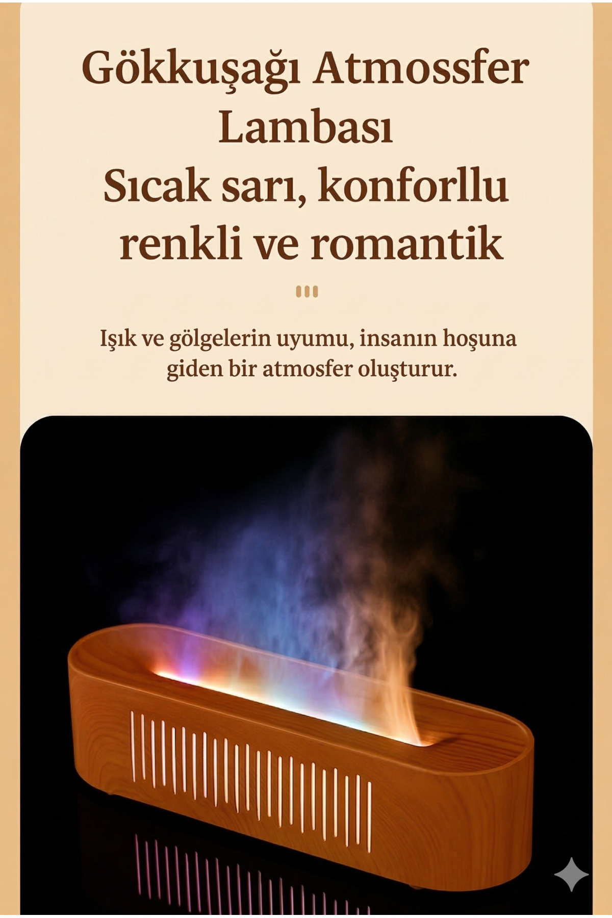 Alev Efektli Ultrasonik Hava Nemlendirici - Büyük Buhar Kapasiteli Aromaterapi Difüzörü ve 7 Renkli