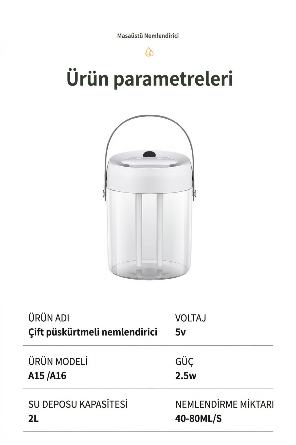 2000ml Dev Kapasiteli Çift Püskürtmeli Hava Nemlendirici - 2 Litre Masaüstü Buhar Makinesi