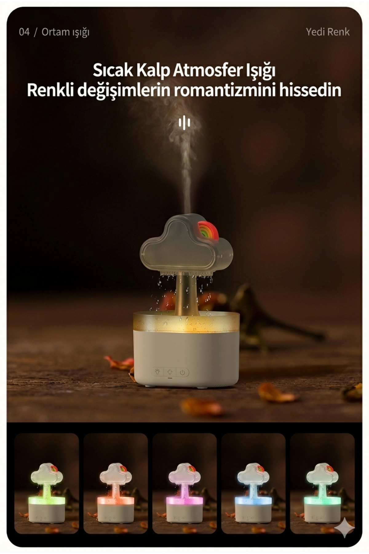 Yağmur Bulutu Hava Nemlendirici ve Aromaterapi Difüzörü - Gökkuşağı Renkli Gece Lambası