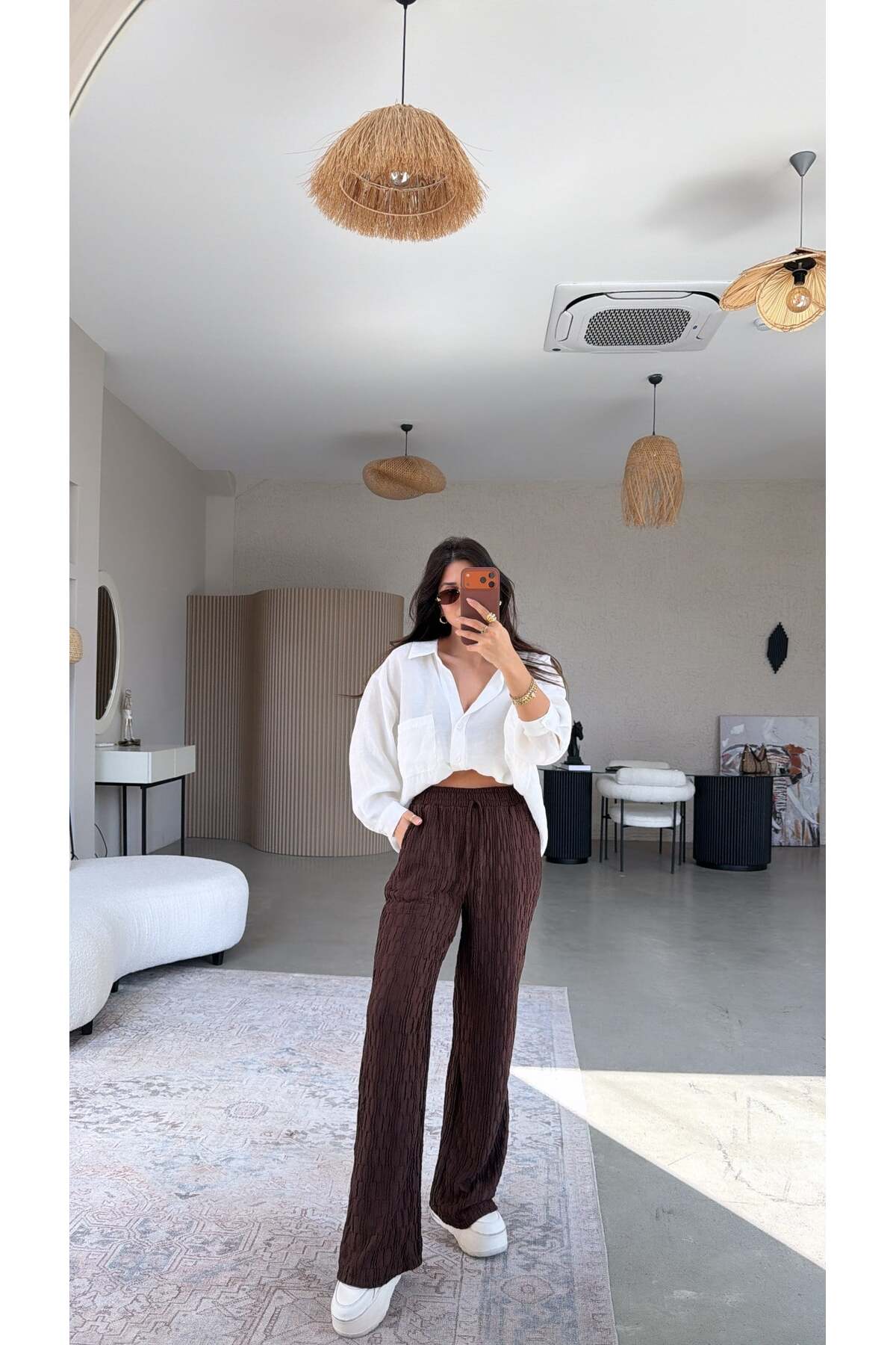 Buket Teke  Kahverengi Bürümcük Kumaş Lastikli Pantolon - Görsel 4