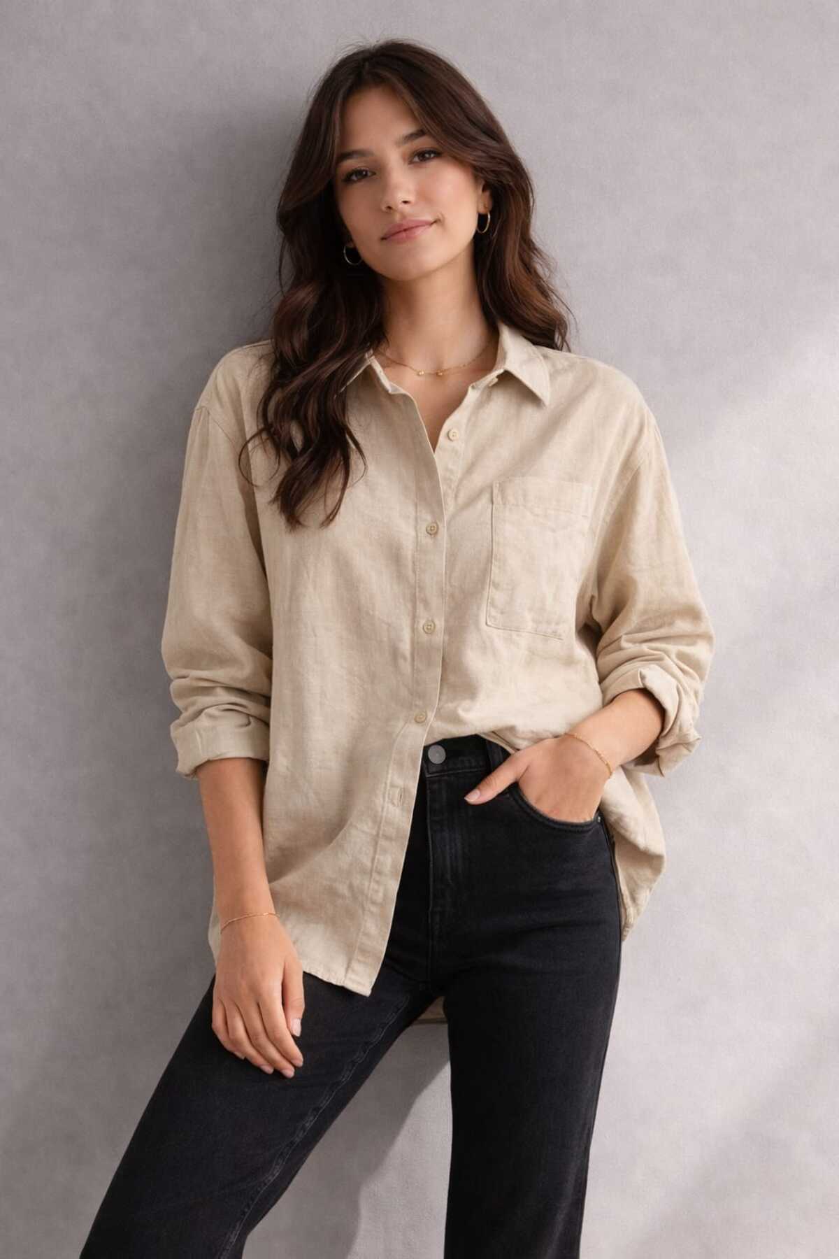 blackbonds Women's Oversized Beige Cotton Pack Comfortable Linen Shirts – Summer Collection