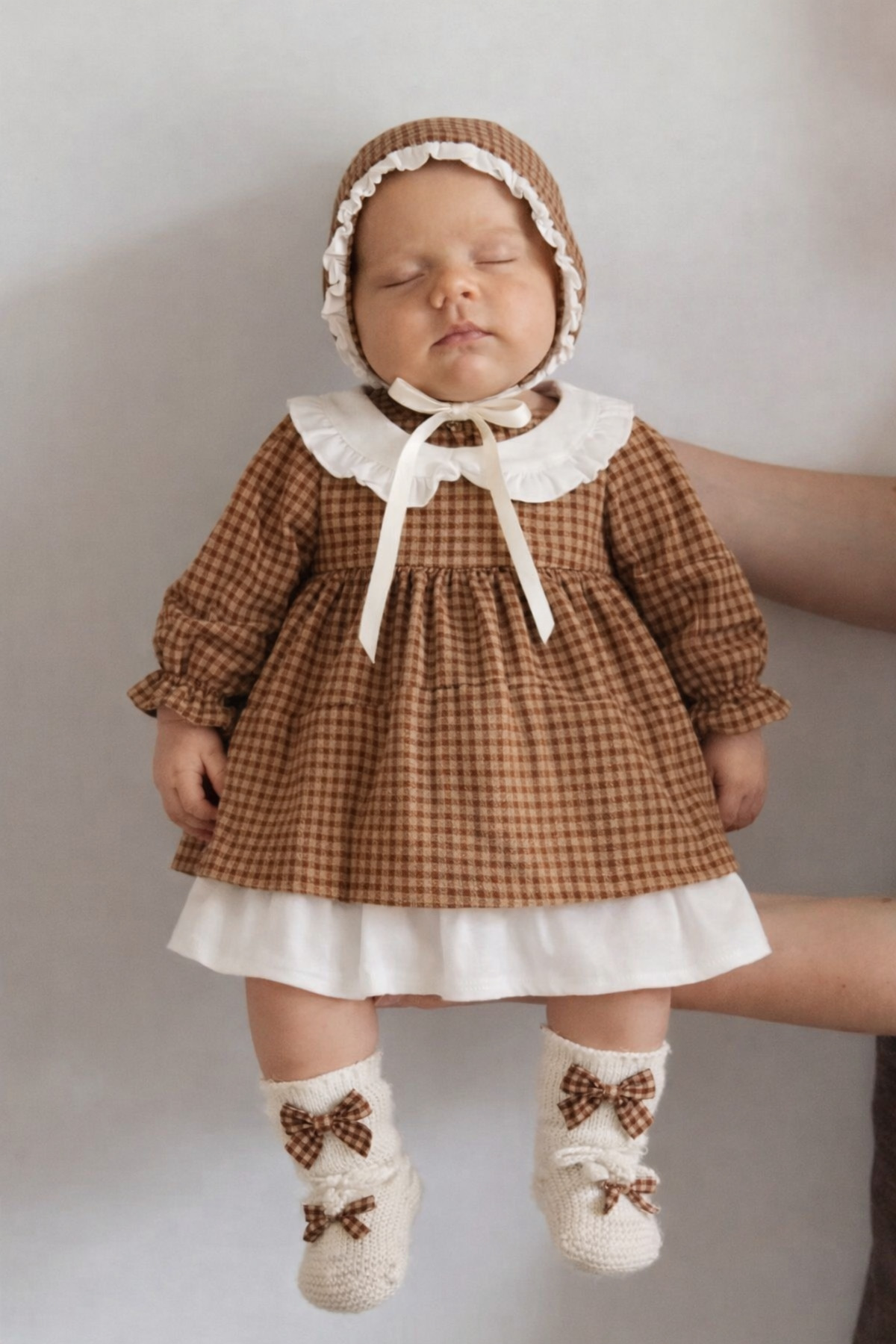 ALAMODECOR %100 Pamuk Kız Bebek Kareli Yakalı Fiyonklu Elbise Bayramlık fotoğrafı 3 (önizleme)