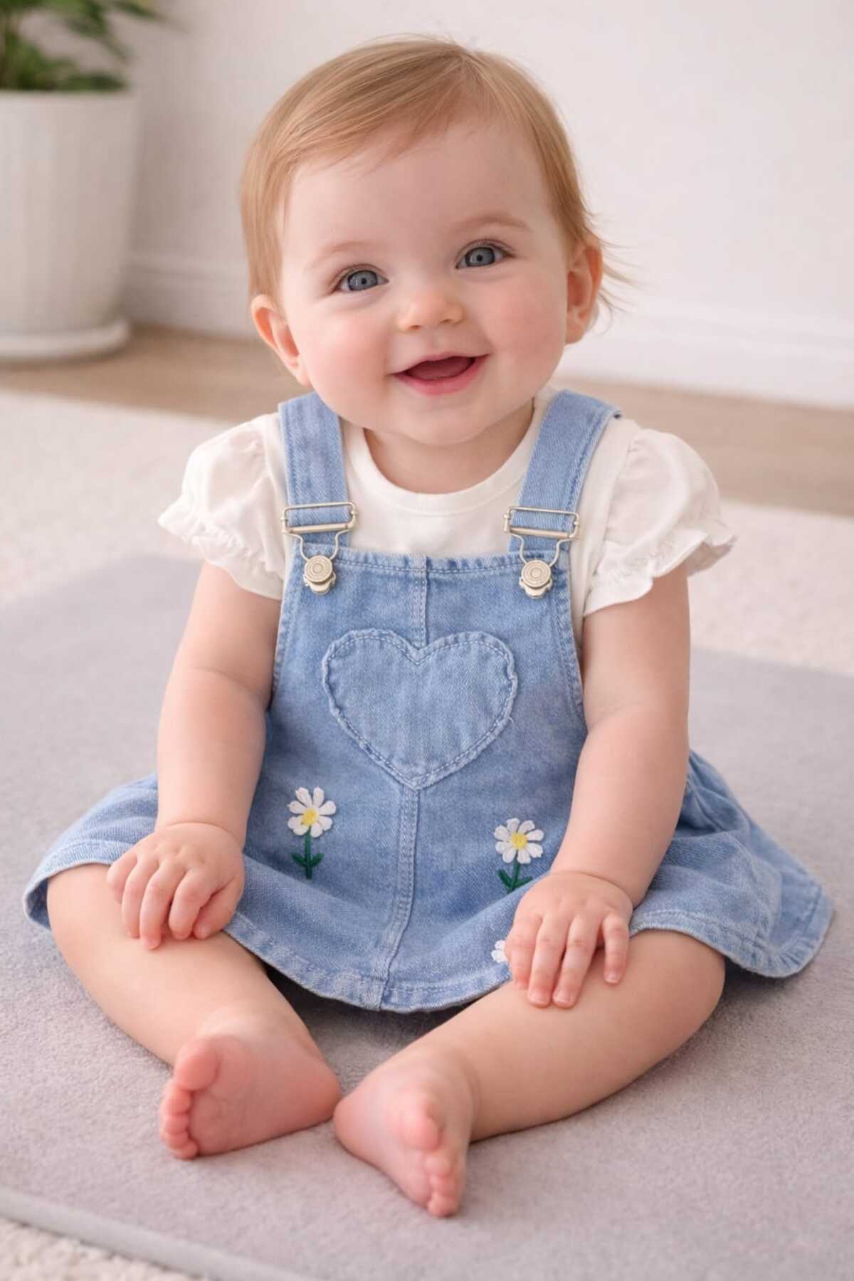 BEBEXO KIDS Kız Bebek Salopet Papatya Nakışlı Kot Jile ve Bluz Takım/Bayramlık Elbise 6-9/9-12/12-18/18-24 AY fotoğrafı 2 (önizleme)