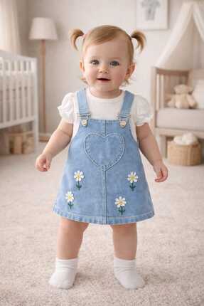 BEBEXO KIDS Kız Bebek Salopet Papatya Nakışlı Kot Jile ve Bluz Takım/Bayramlı...