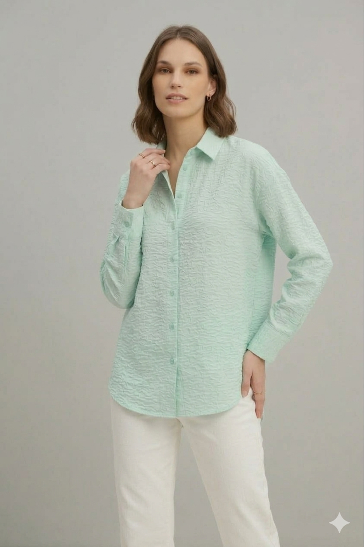 axy Women's Mint Green Oversized Shirt – Long Sleeve Buttoned Relaxed Fit Casual & Summer Tunic