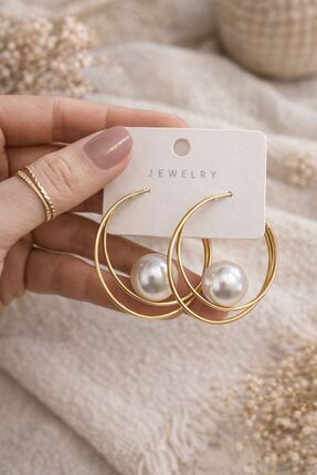 Lumiva accessories İnci Detaylı Gold Halka Küpe - Çift Halka Zarif Tasarım