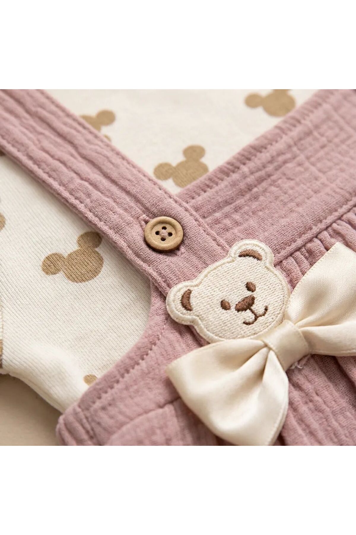 TA&CE Ayıcık Figürlü Müslin Dokulu Kız Bebek Jile Elbise fotoğrafı 4 (önizleme)