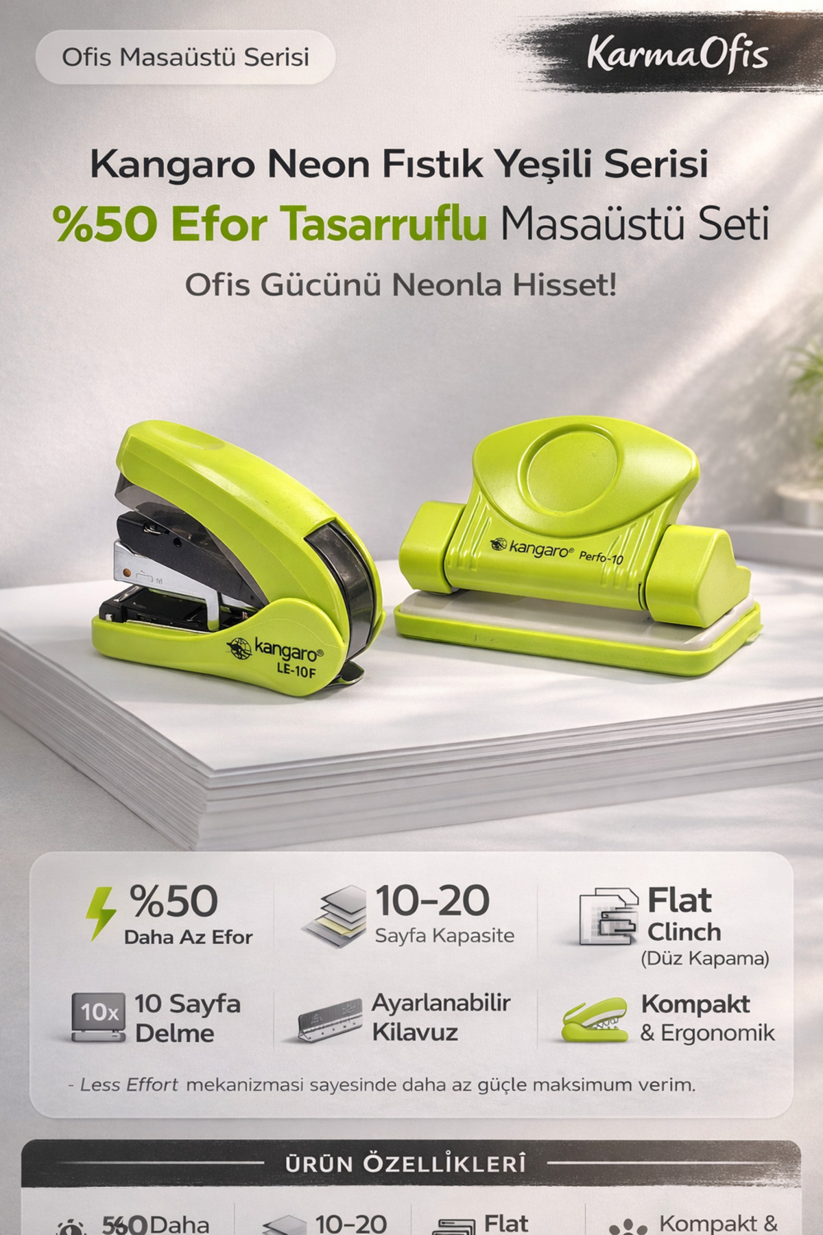 KarmaOfis Neon Fıstık Yeşili Zımba + Delgeç Seti | %50 Daha Az