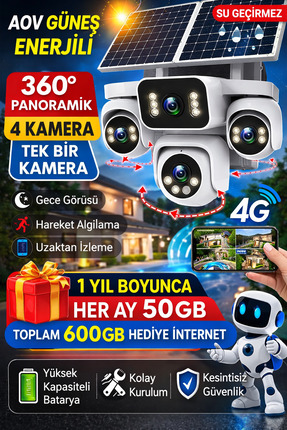 TRCharger 4 Kameralı 4G SIM Kartlı Güneş Enerjili Güvenlik | 2Solar Panel | 2...