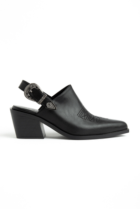 DENORA Siyah Mat Deri Tokalı Nakışlı Önü Kapalı Arkası Açık Western Kovboy Sa...