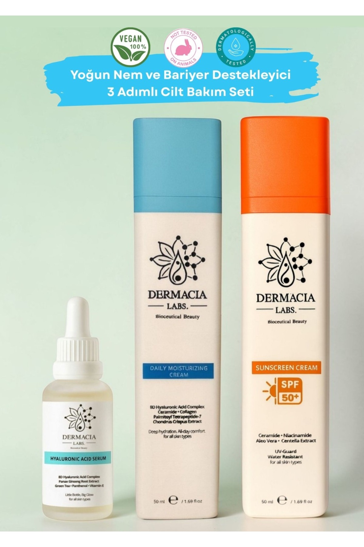 Dermacia Labs Bioceuticals Beauty SPF 50+ Su Bazlı Yüksek UV Korumalı Leke Karşıtı Yüz Güneş Kremi, Yüz Nemlendirici Krem Su Bazlı, 8d Hyaluronik Asit Seti (3 Ürün) — DL-NEM3