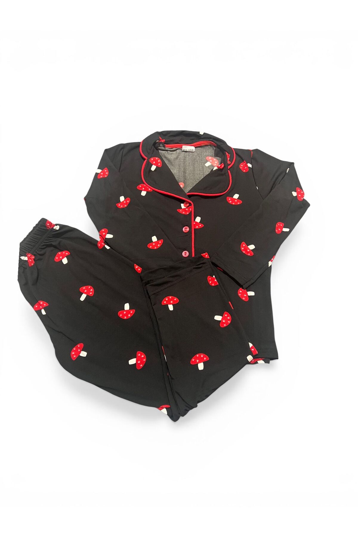 SERRASTIL Kız Çocuk Siyah Renk Mantar Desenli Pamuklu Uzun Kollu Pijama Takımı fotoğrafı 4 (önizleme)