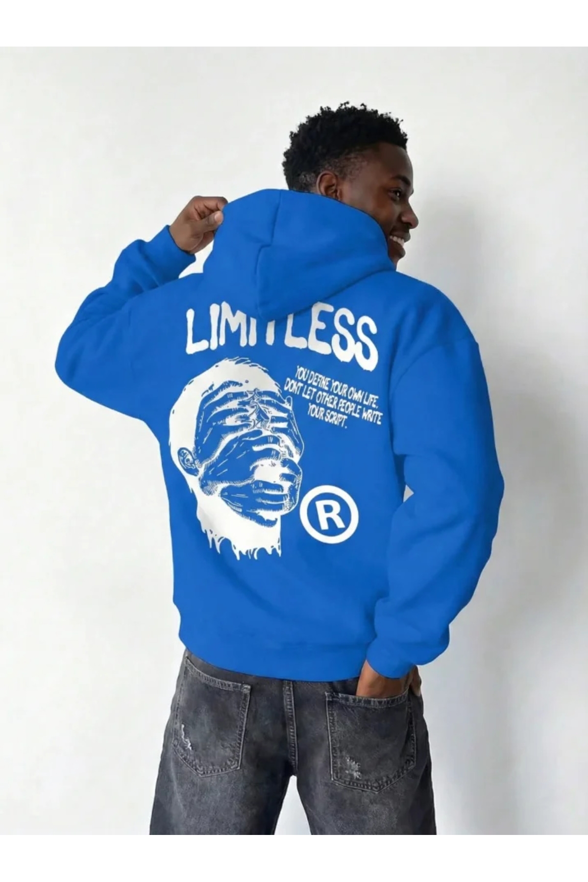 Erkek Premium Baskılı Kapşonlu Sweatshirt Üç İplik İçi Pamuklu Kanguru Cepli - Saks Mav