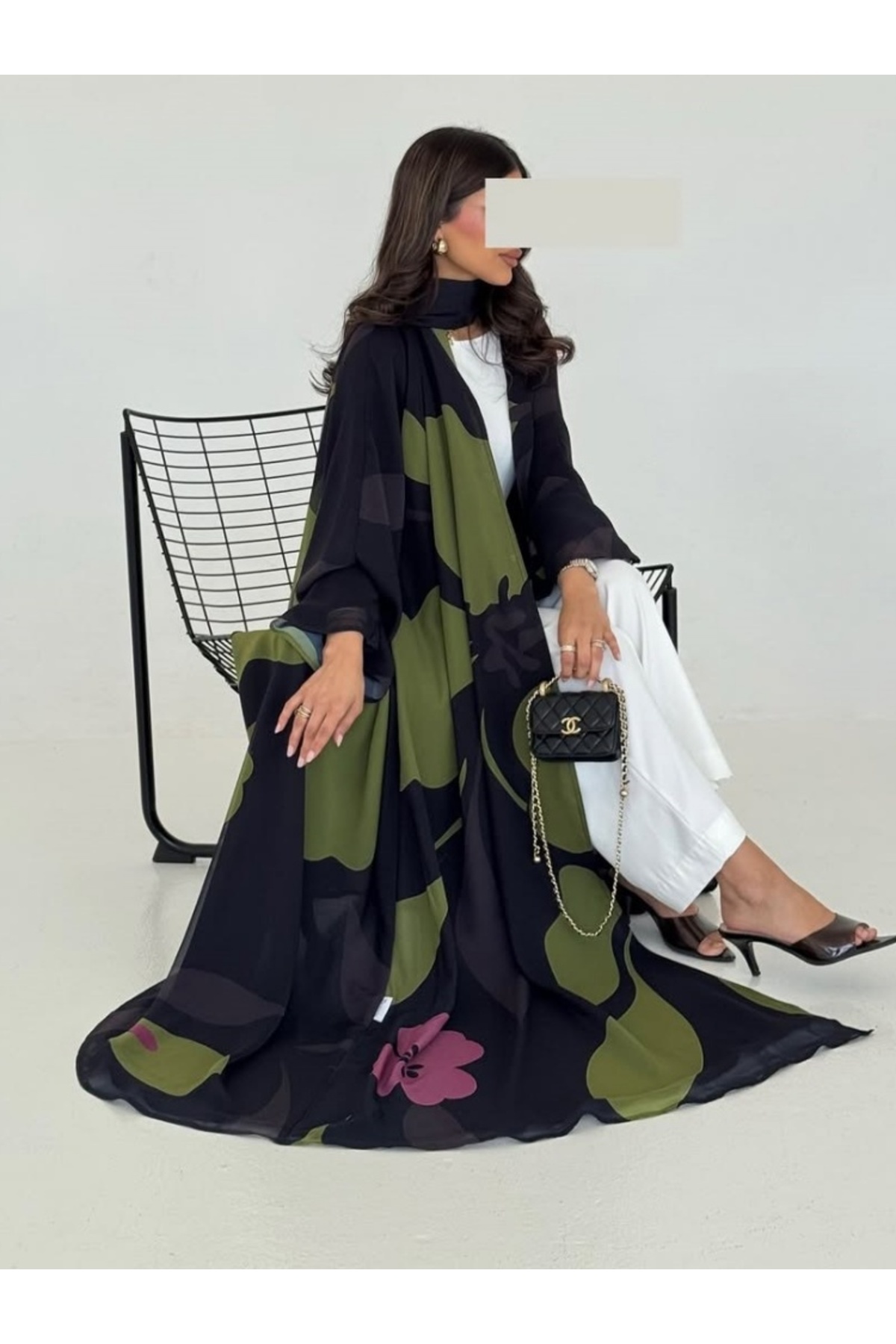 Noon Noora Flowing Chiffon Printed Front Open Abaya Set (With Headscarf ).