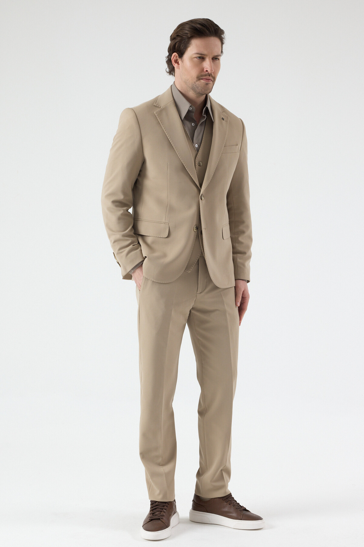 Pique Erkek Bej Poliviskon Kumaşlı Örme Ceket+Pantolon+Yelekli Slim Fit Takım Elbise — بژ 6226 PİQUE — تصویر 6 از 8