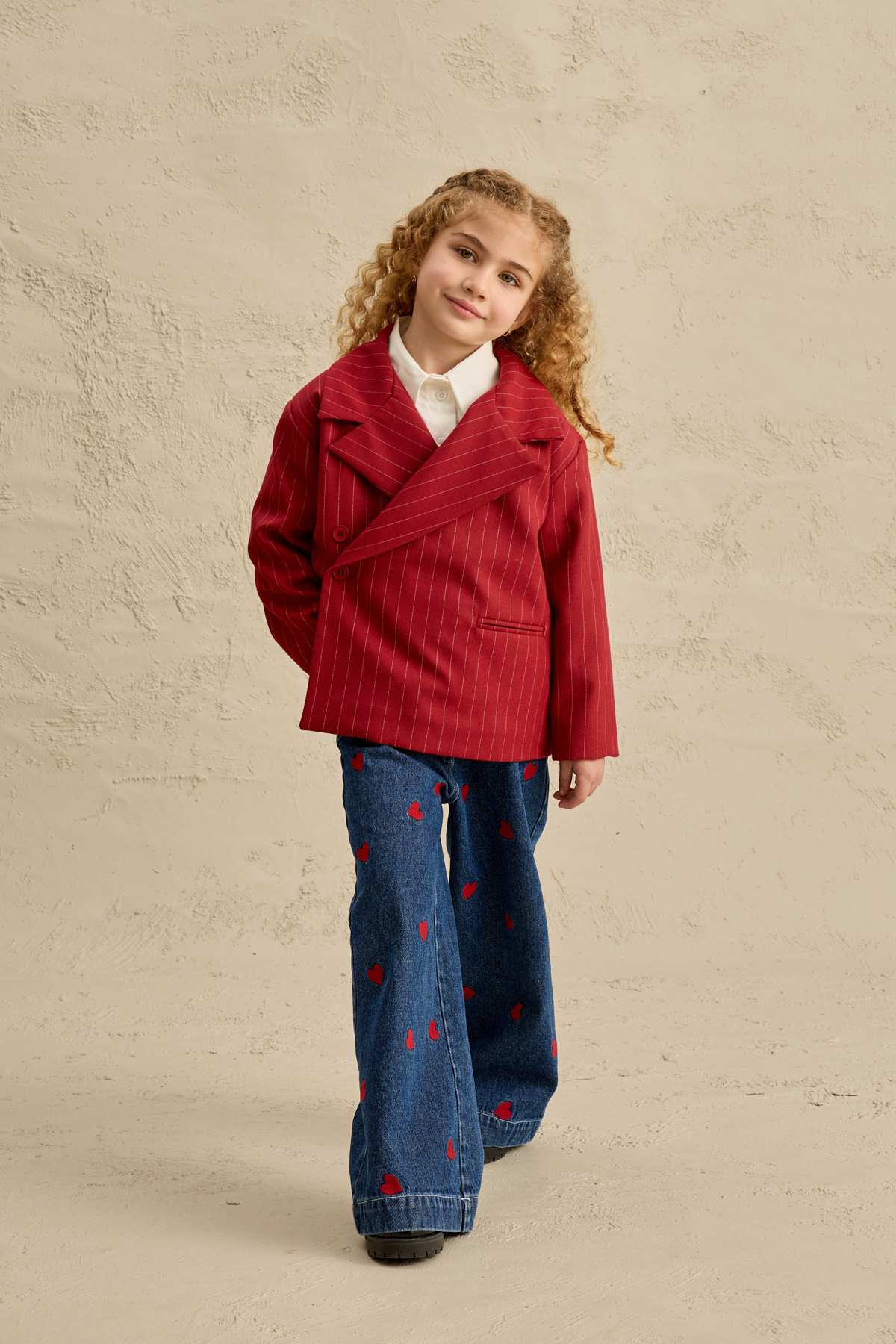 Fahhar Kids Geniş Yaka Çizgili Blazer Ceket Kırmızı fotoğrafı 5 (önizleme)