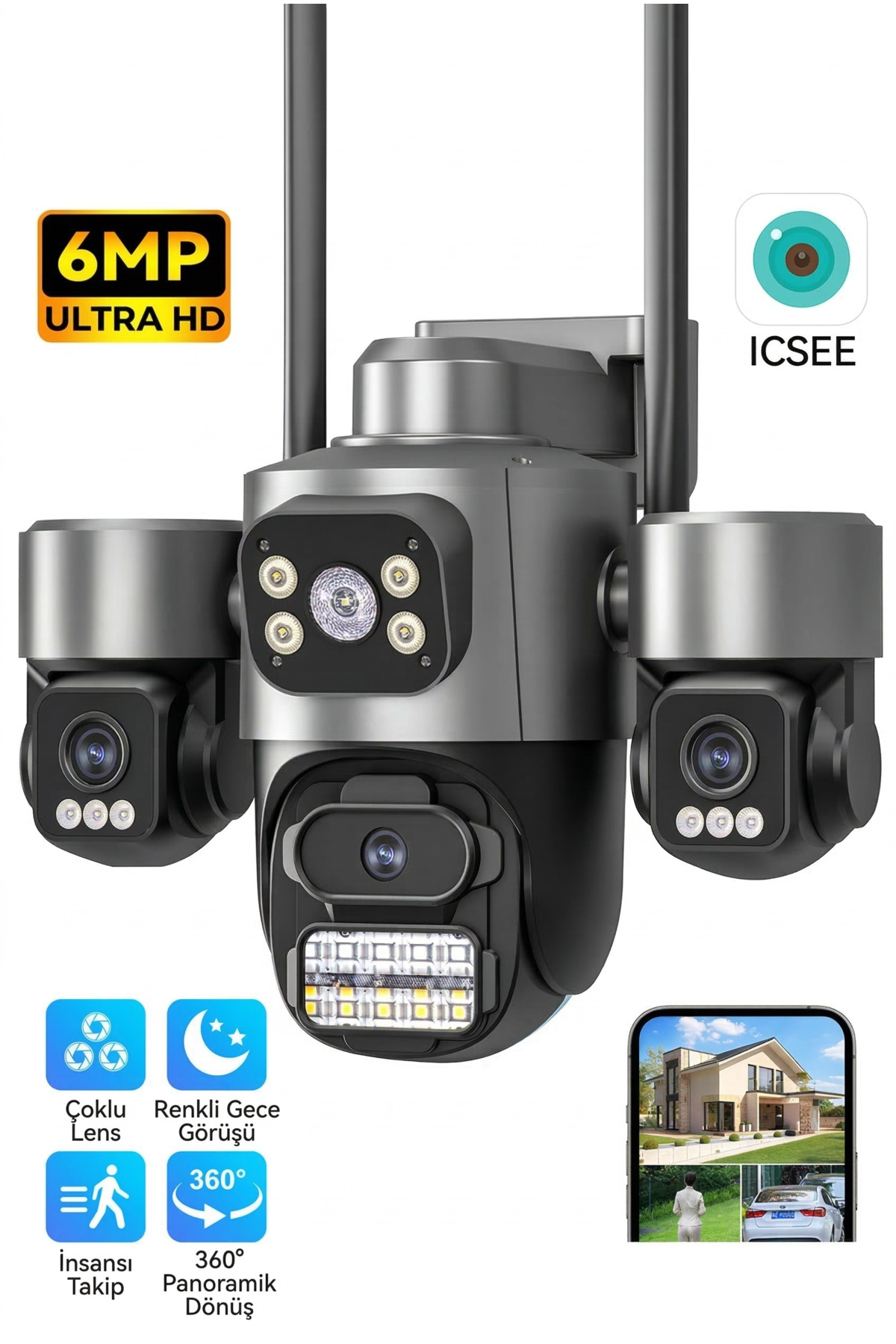 15MP Ultra HD 4K Üç Lensli Dış Mekan Güvenlik Kamerası - 10X Zoom Akıllı Takip ve Renkli Gece Görüşü
