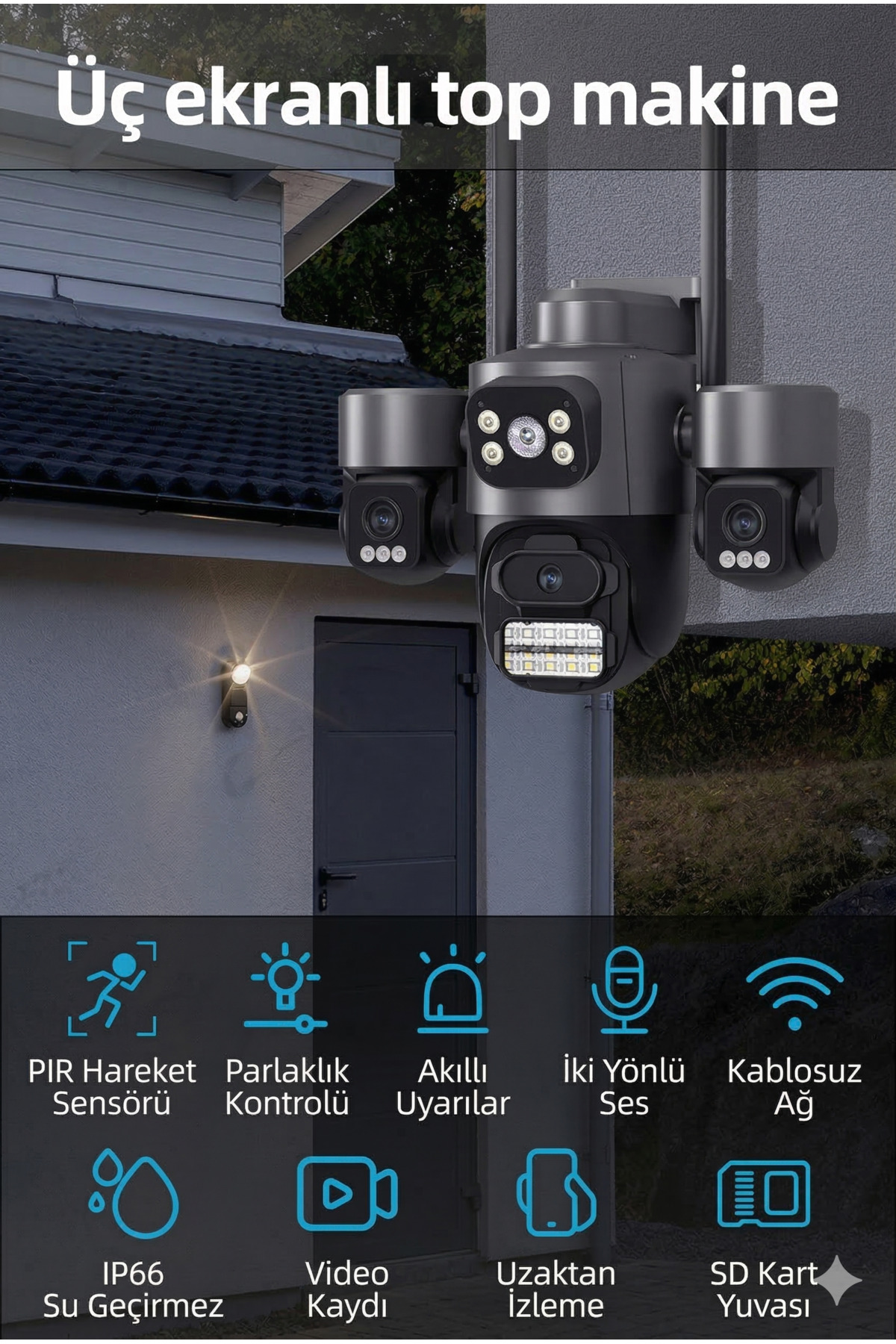 15MP Ultra HD 4K Üç Lensli Dış Mekan Güvenlik Kamerası - 10X Zoom Akıllı Takip ve Renkli Gece Görüşü